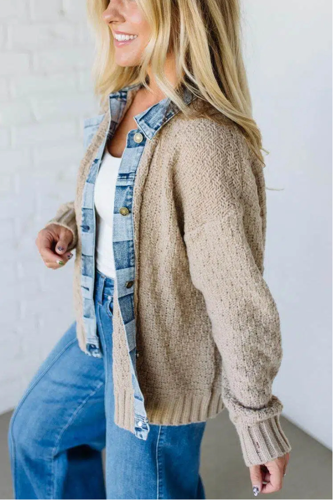 Checked Denim Accent Cardigan