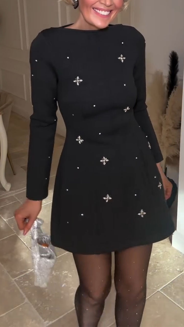 Women Round Neck Rhinestone Printed Elegant Casual Dress
