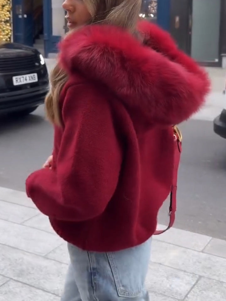 Women Hooded Fur Collar Casual Knitted Coat