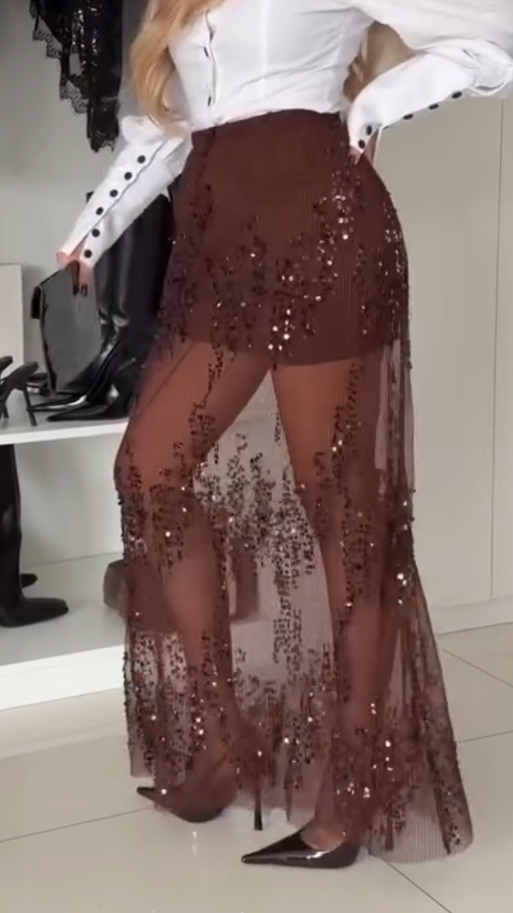 Women Patchwork Sequin Mesh Casual Skirt