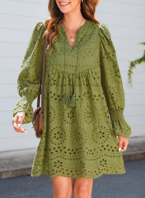 Womens V Neck Long Sleeve Hollow Out Lace Ruffle Dresses(Buy 2 Free Shipping)