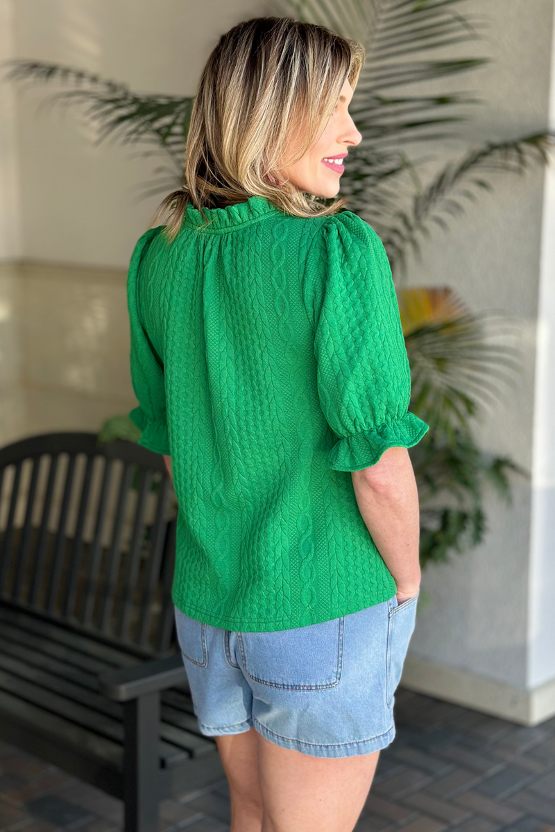 Deep V Ruffle Neck Textured Top