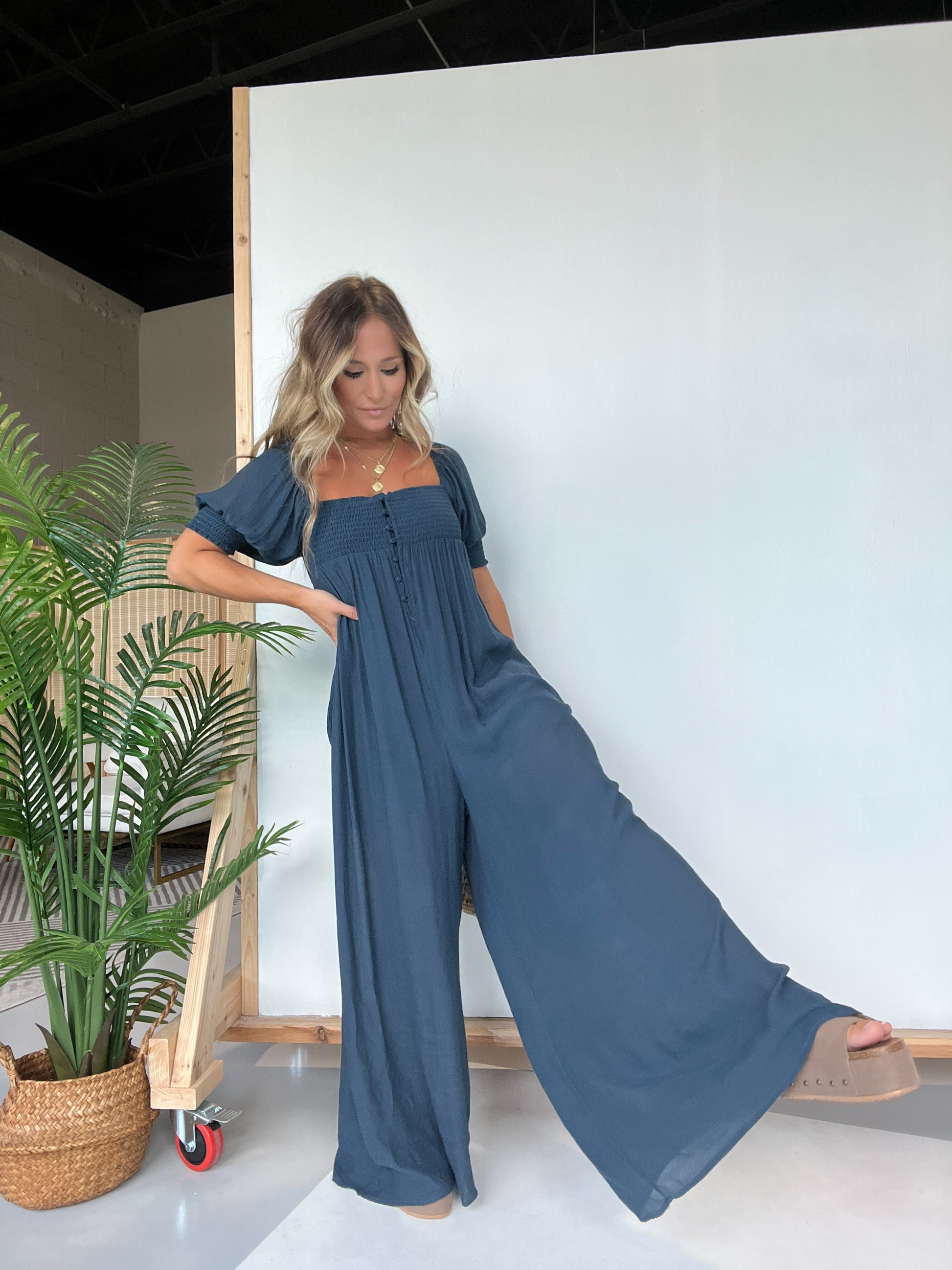 Square Neckline Jumpsuit with Smocked Bodice Button