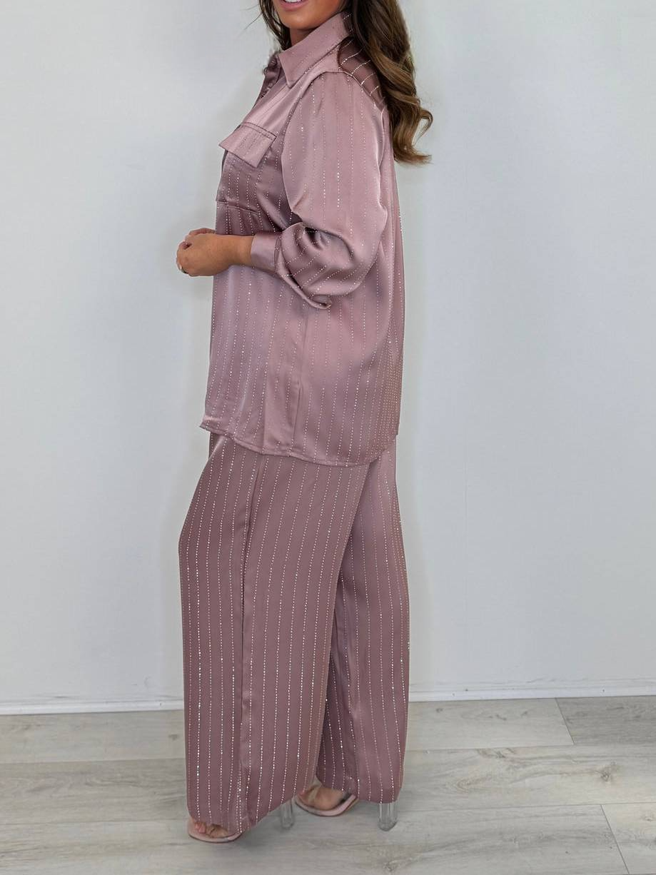 Bejeweled Collar Button-Up Drawstring Pants Set
