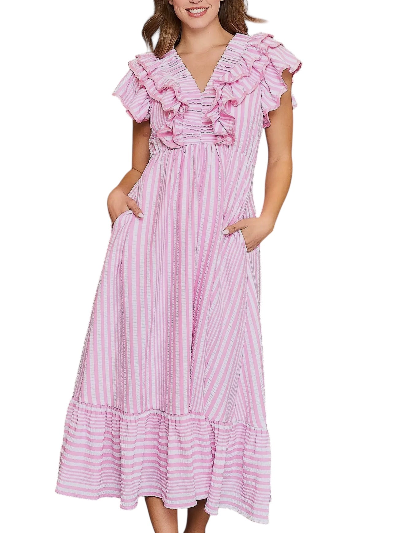 Women's Elegant V-neck Striped Ruffle Detail Midi Dress(Buy 2 Free Shipping)