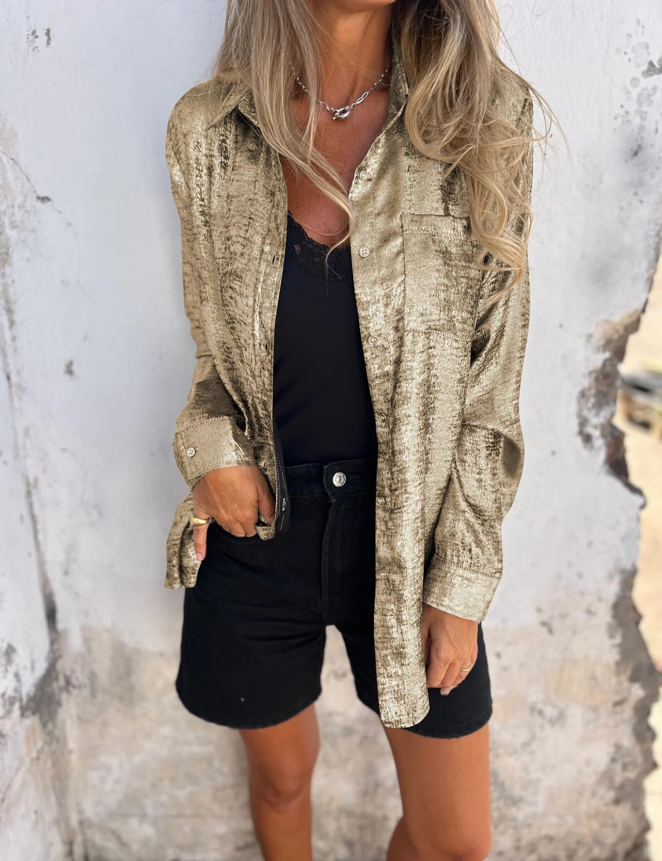 Metallic Button Down Shirts Long Sleeve Sparkly Blouse