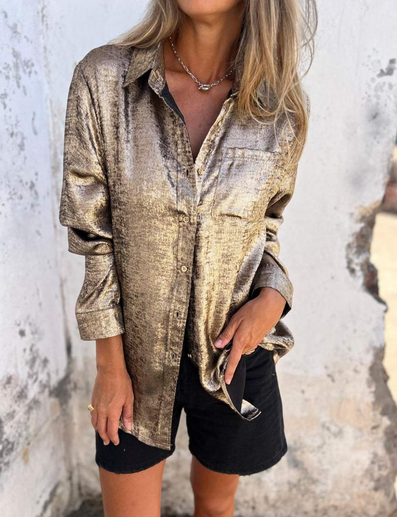Metallic Button Down Shirts Long Sleeve Sparkly Blouse