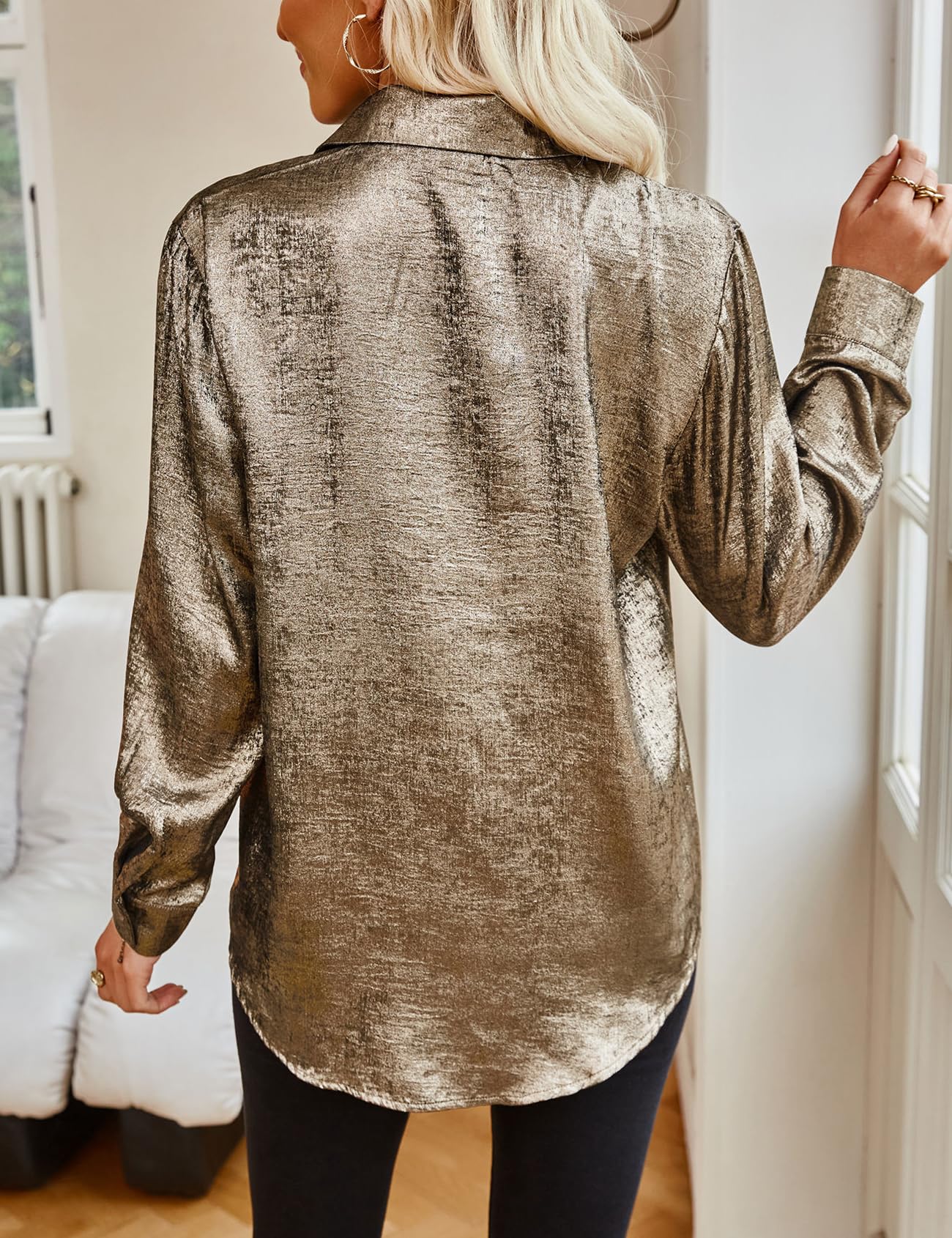 Metallic Button Down Shirts Long Sleeve Sparkly Blouse