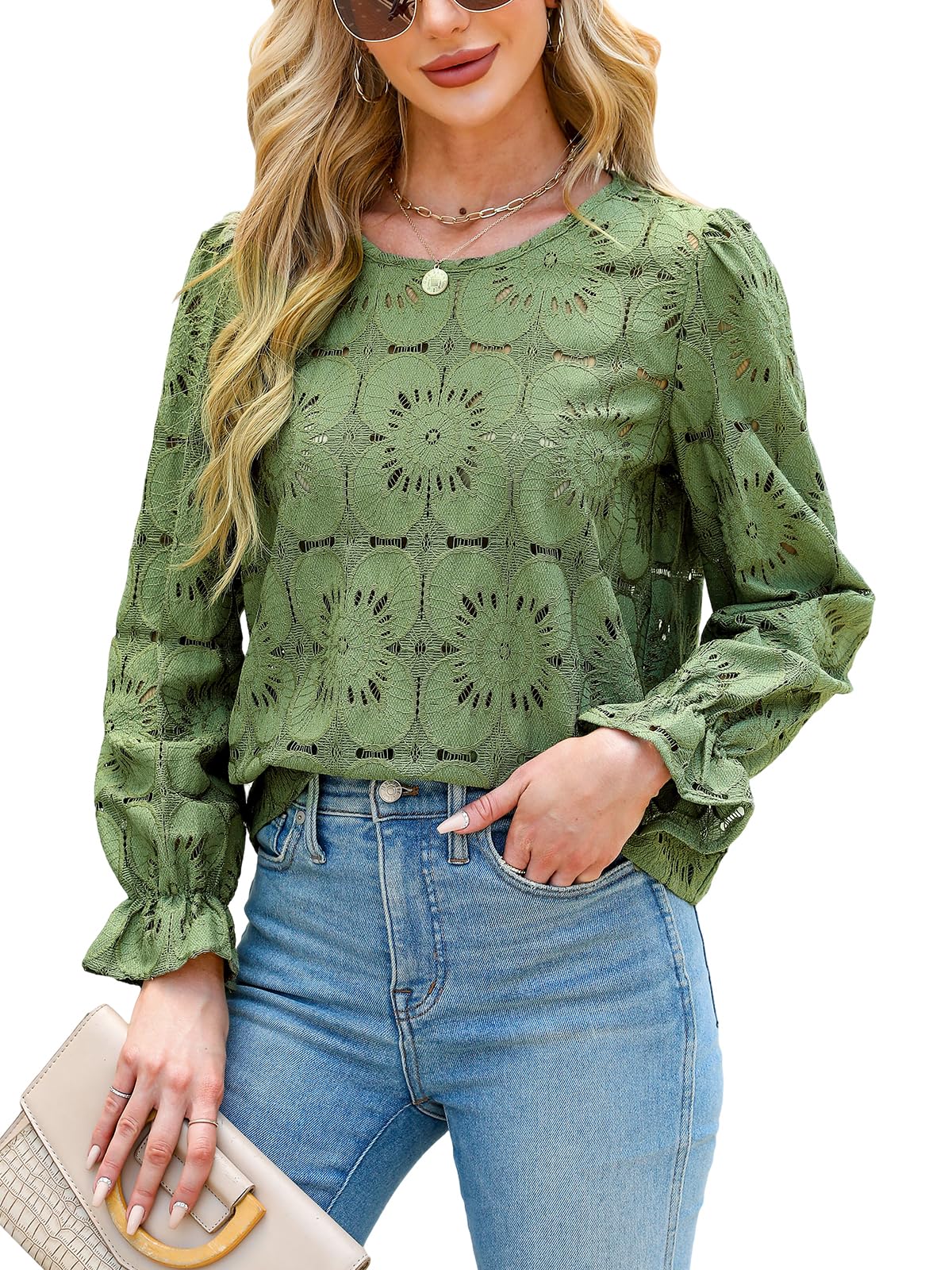 Women Eyelet Long Sleeve Tops Shirts 