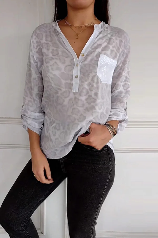 Leopard print sequin top Women Long Sleeve Shirt