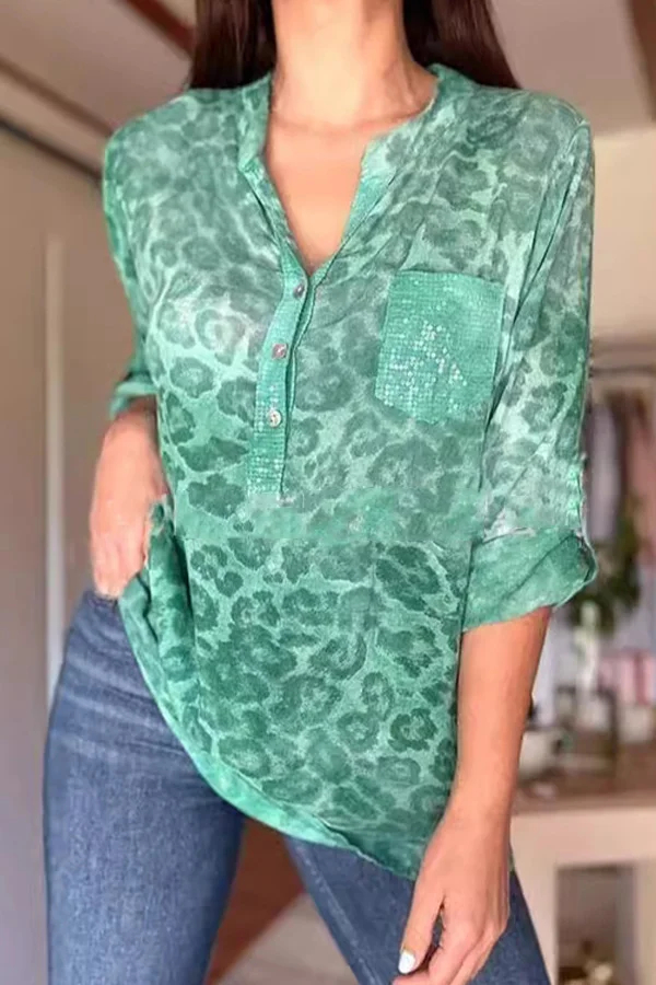 Leopard print sequin top Women Long Sleeve Shirt