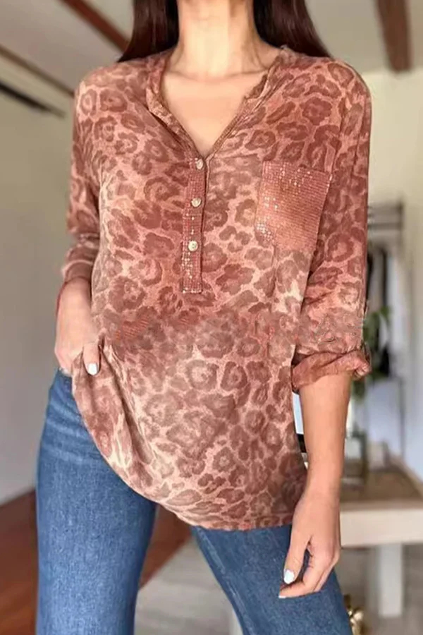 Leopard print sequin top Women Long Sleeve Shirt