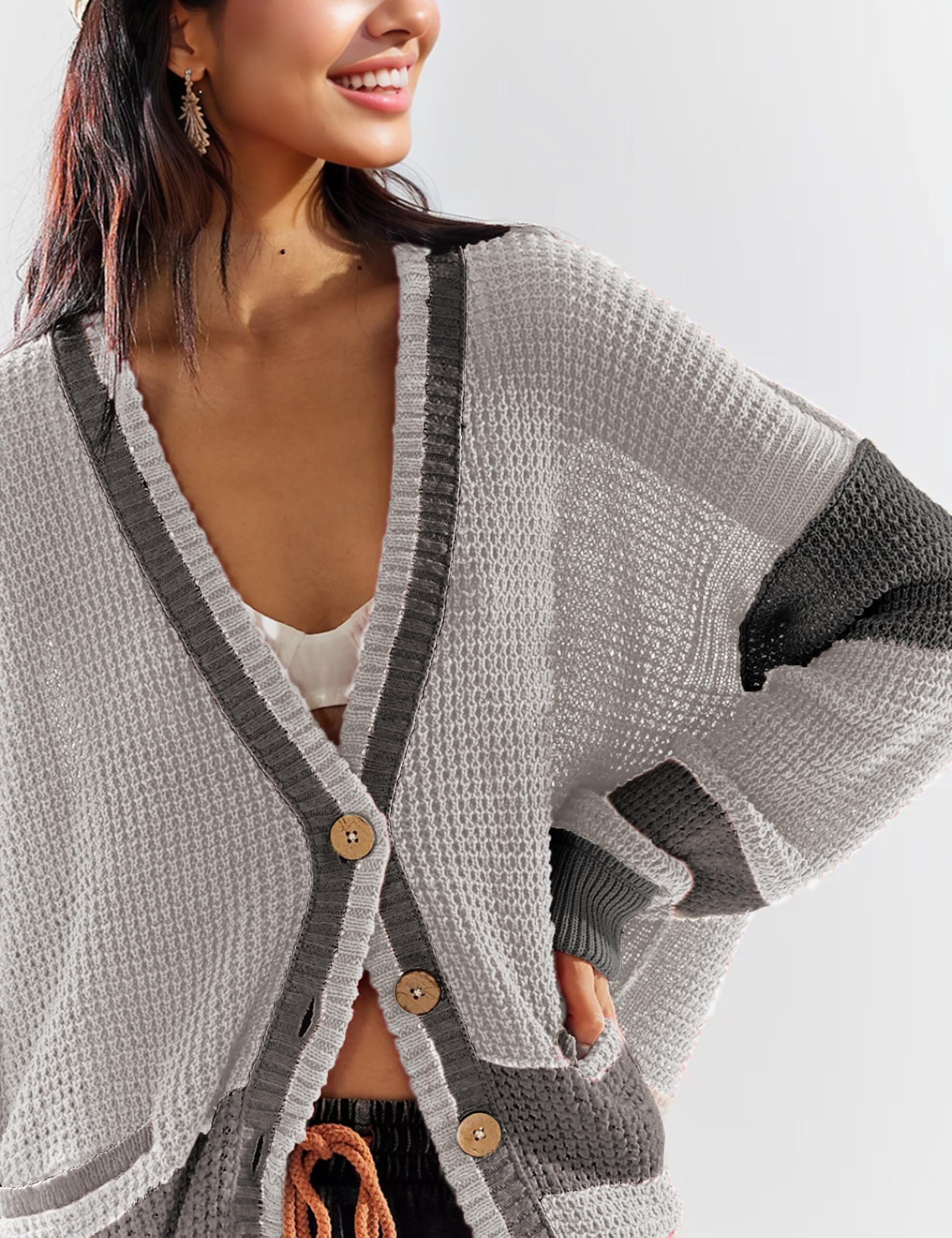 Cute Knit Cardigan for Women Pockets Button Down Crochet Sweater