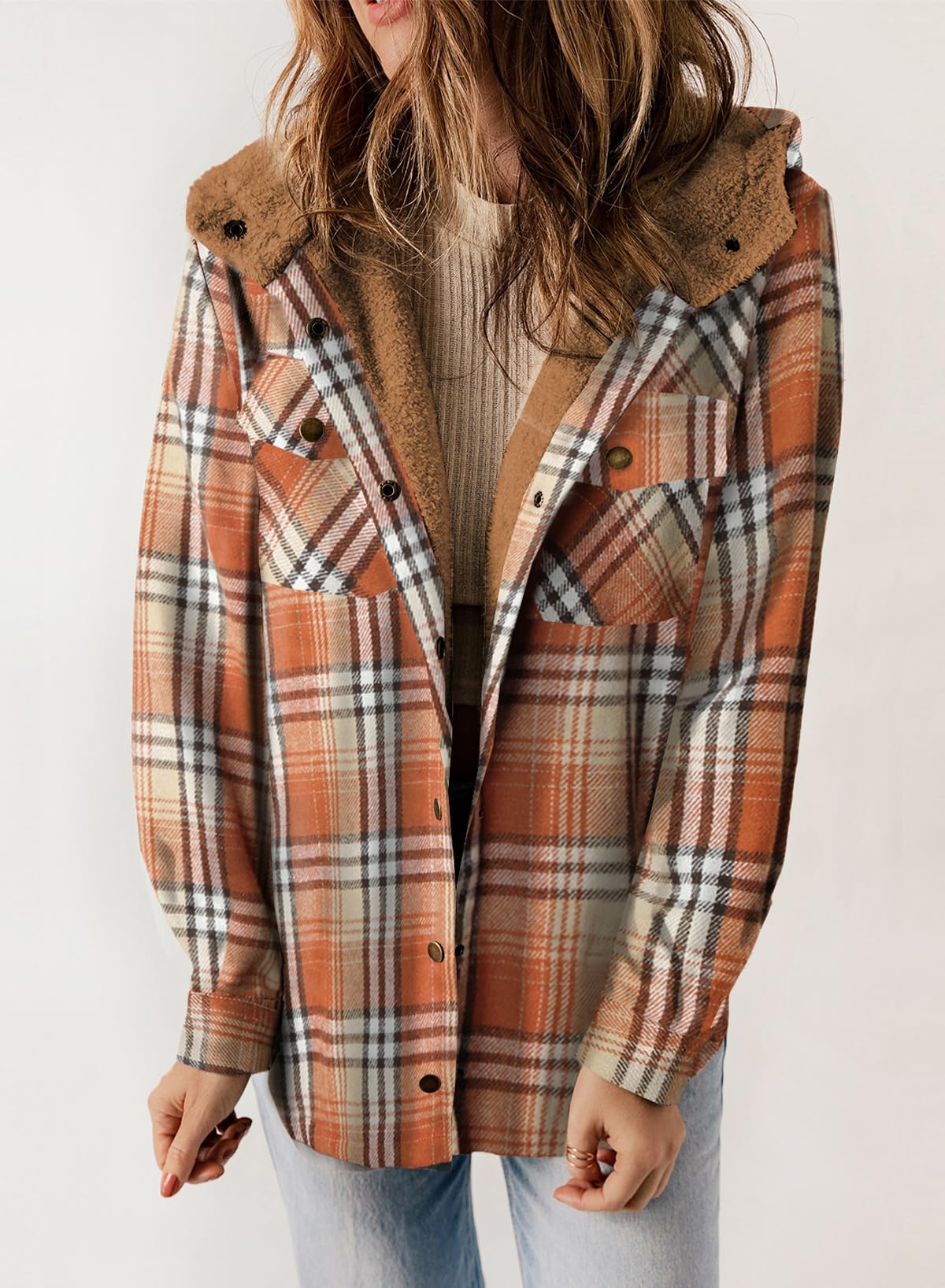 Women's Fall Thickened Flannel Long Sleeve Plaid Jacket Coat with Hood