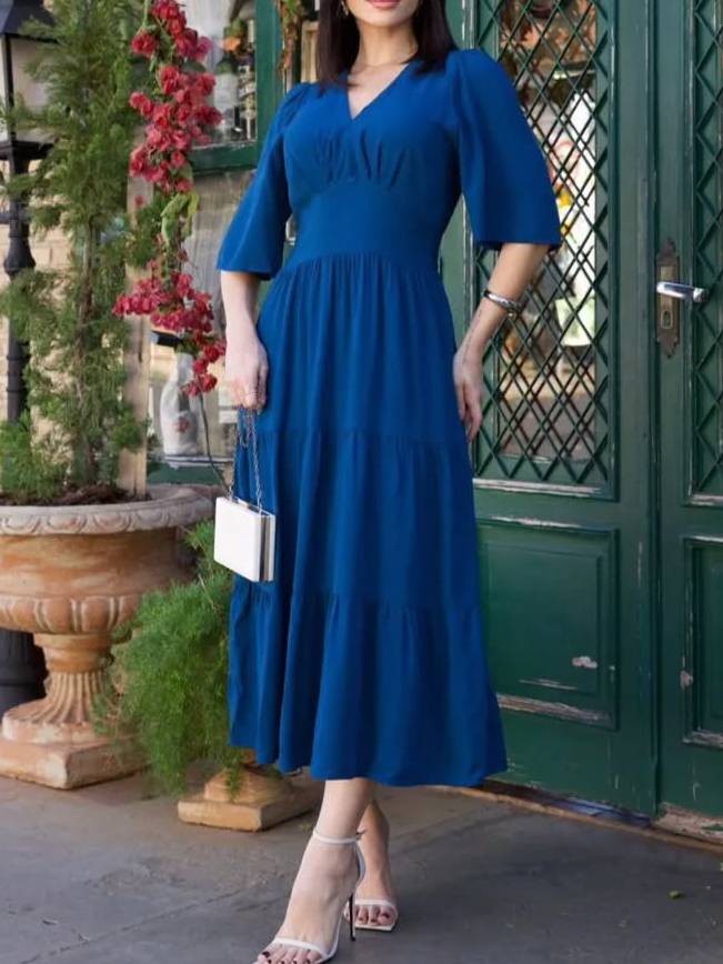 V-Neck Ruffled Hem Boho Chic Tiered Midi Dress