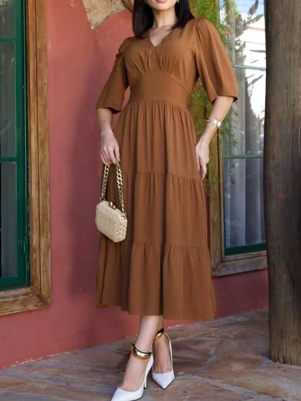 V-Neck Ruffled Hem Boho Chic Tiered Midi Dress