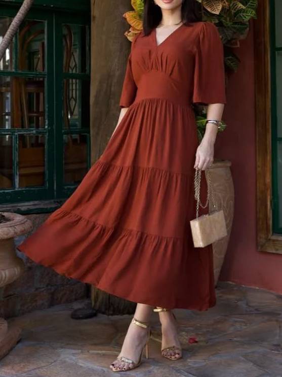 V-Neck Ruffled Hem Boho Chic Tiered Midi Dress