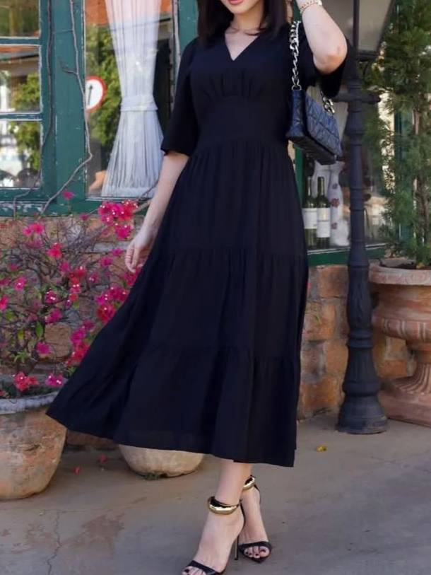 V-Neck Ruffled Hem Boho Chic Tiered Midi Dress