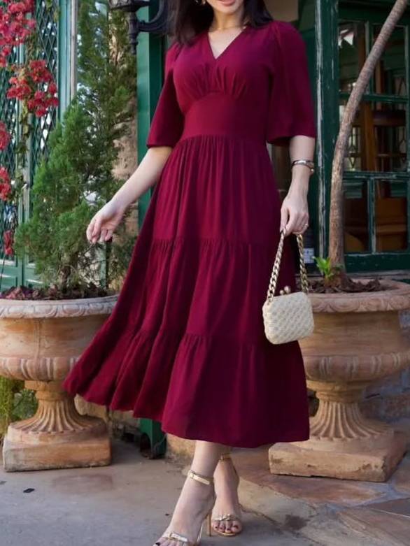 V-Neck Ruffled Hem Boho Chic Tiered Midi Dress