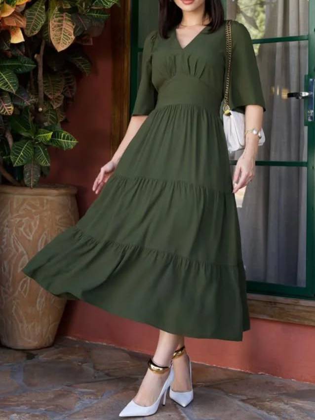 V-Neck Ruffled Hem Boho Chic Tiered Midi Dress