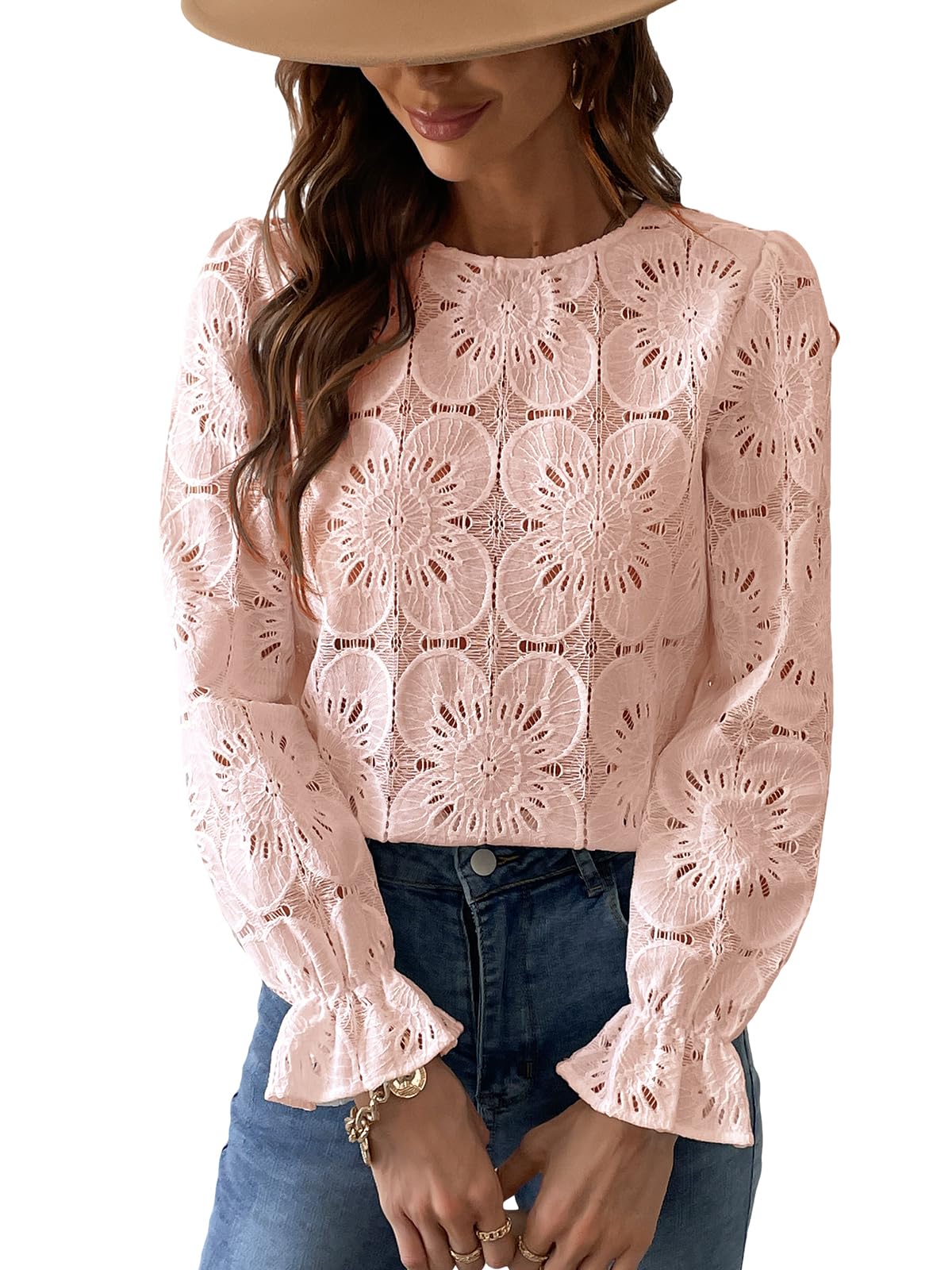 Women Eyelet Long Sleeve Tops Shirts 