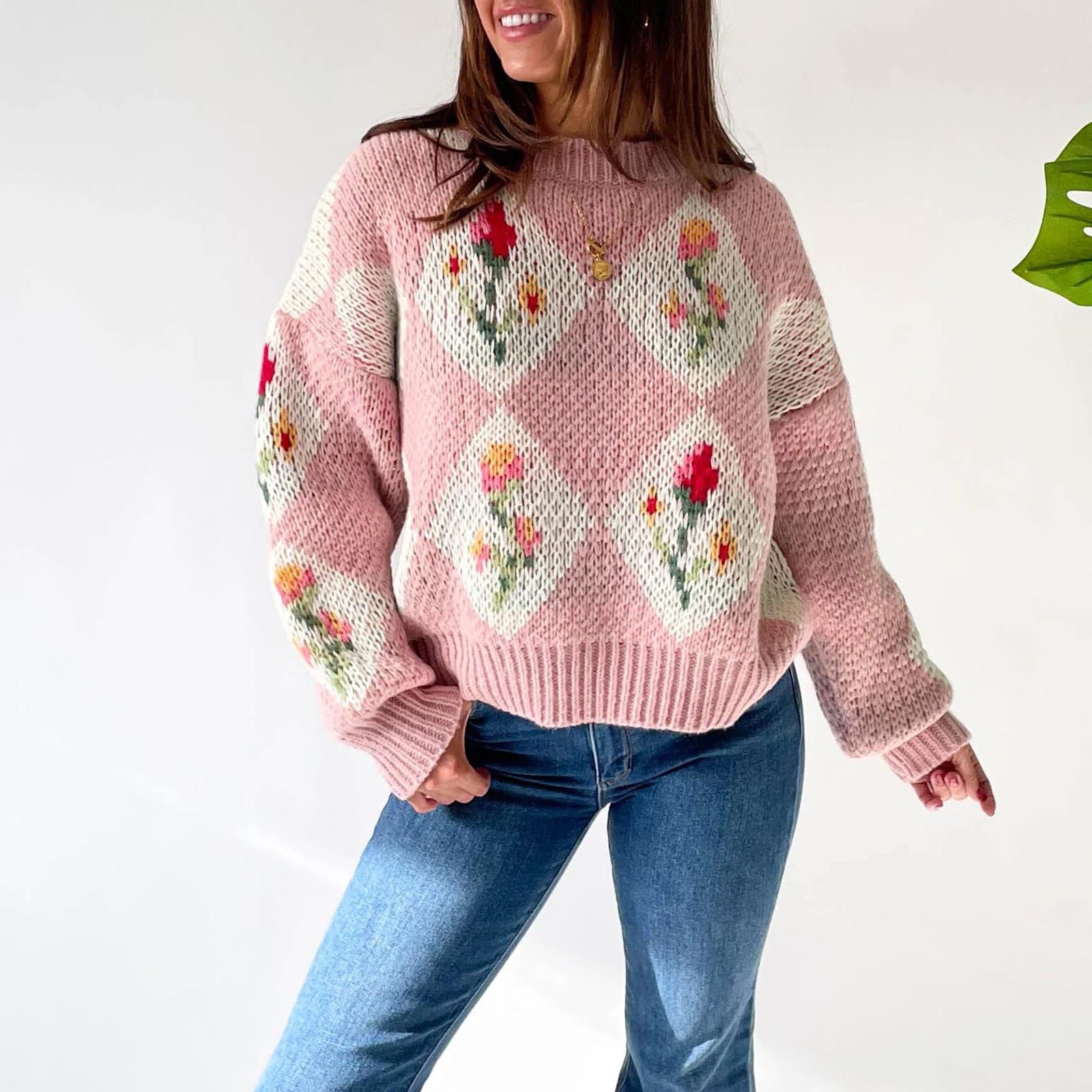  Women's Floral Printed Crewneck Knit Sweater