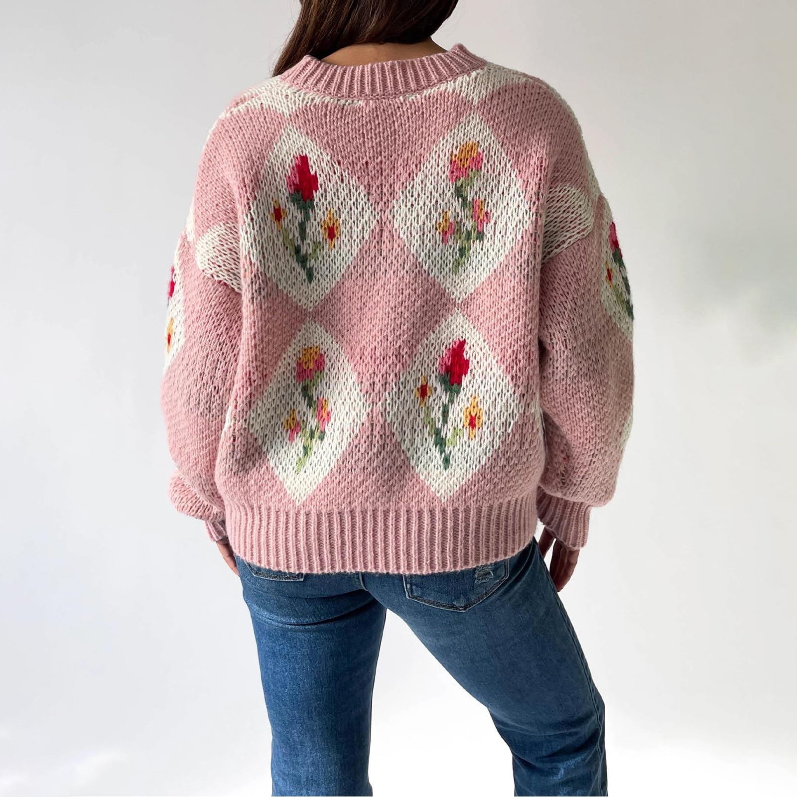  Women's Floral Printed Crewneck Knit Sweater