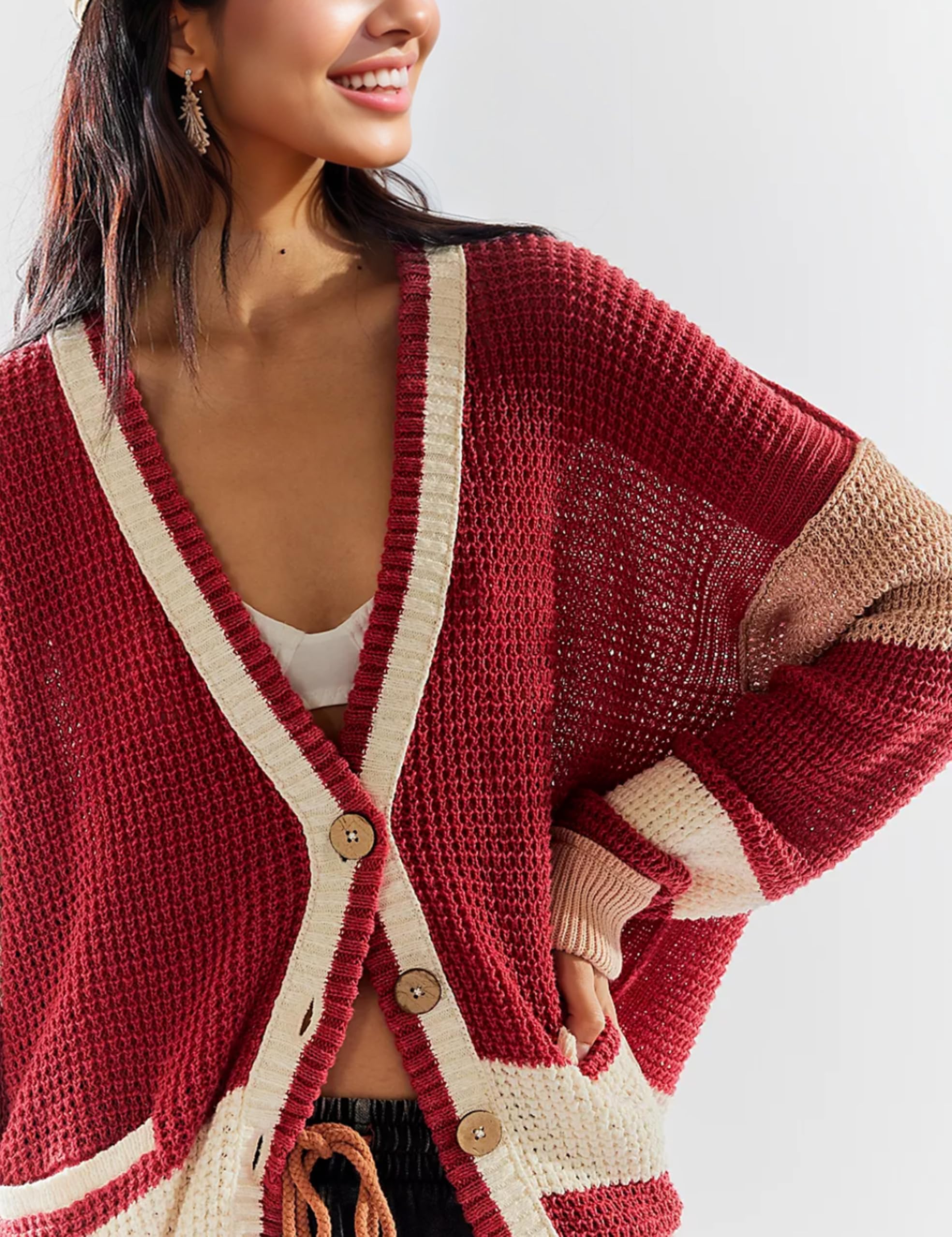 Cute Knit Cardigan for Women Pockets Button Down Crochet Sweater