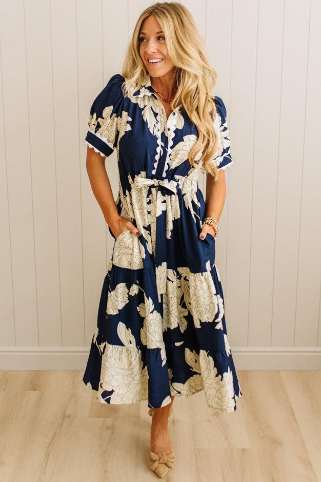 Trimmed Print Henley Dress