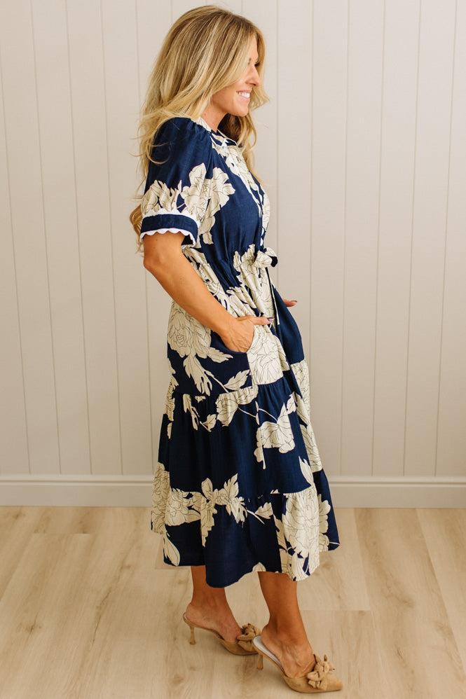 Trimmed Print Henley Dress