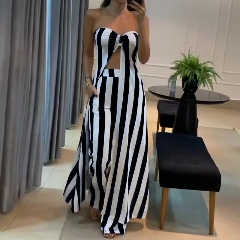 Striped tube top wide-leg pants suit