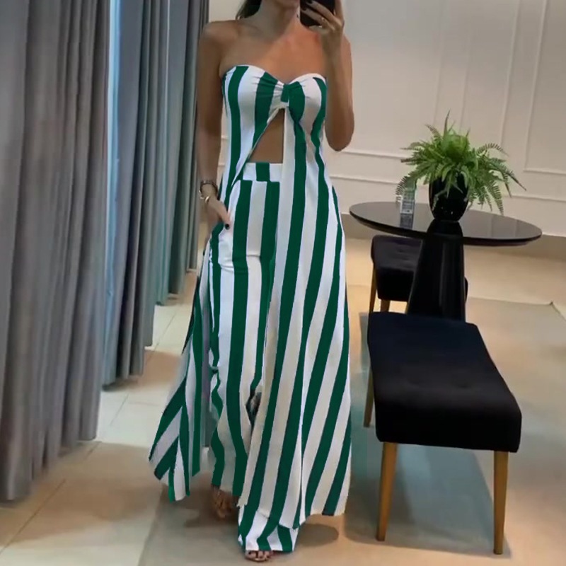 Striped tube top wide-leg pants suit