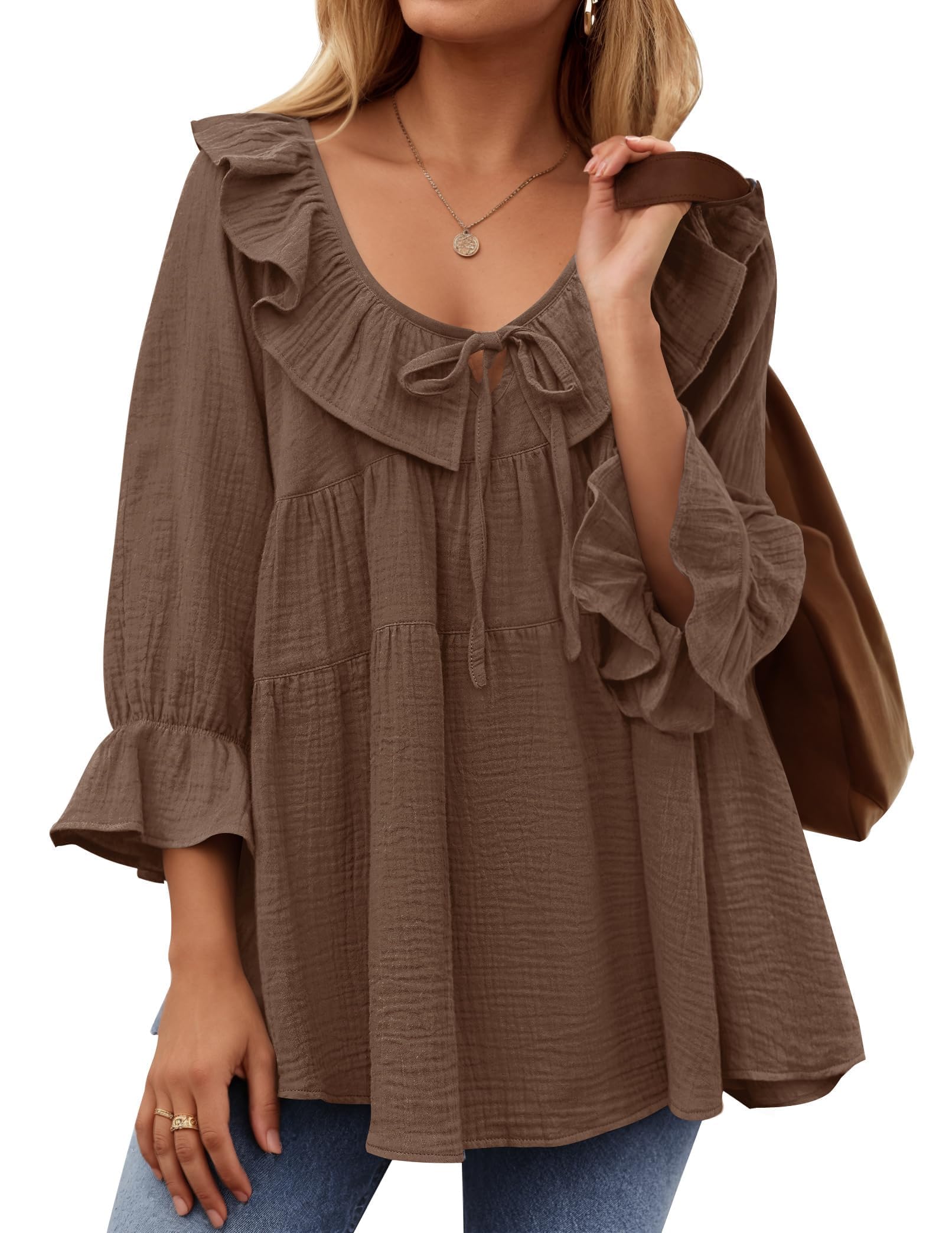 2025 New Women’s Scoop Neck 3/4 Length Sleeve Tie Front Ruffle Tiered Tunic Shirts(buy 2 free shipping!!!)