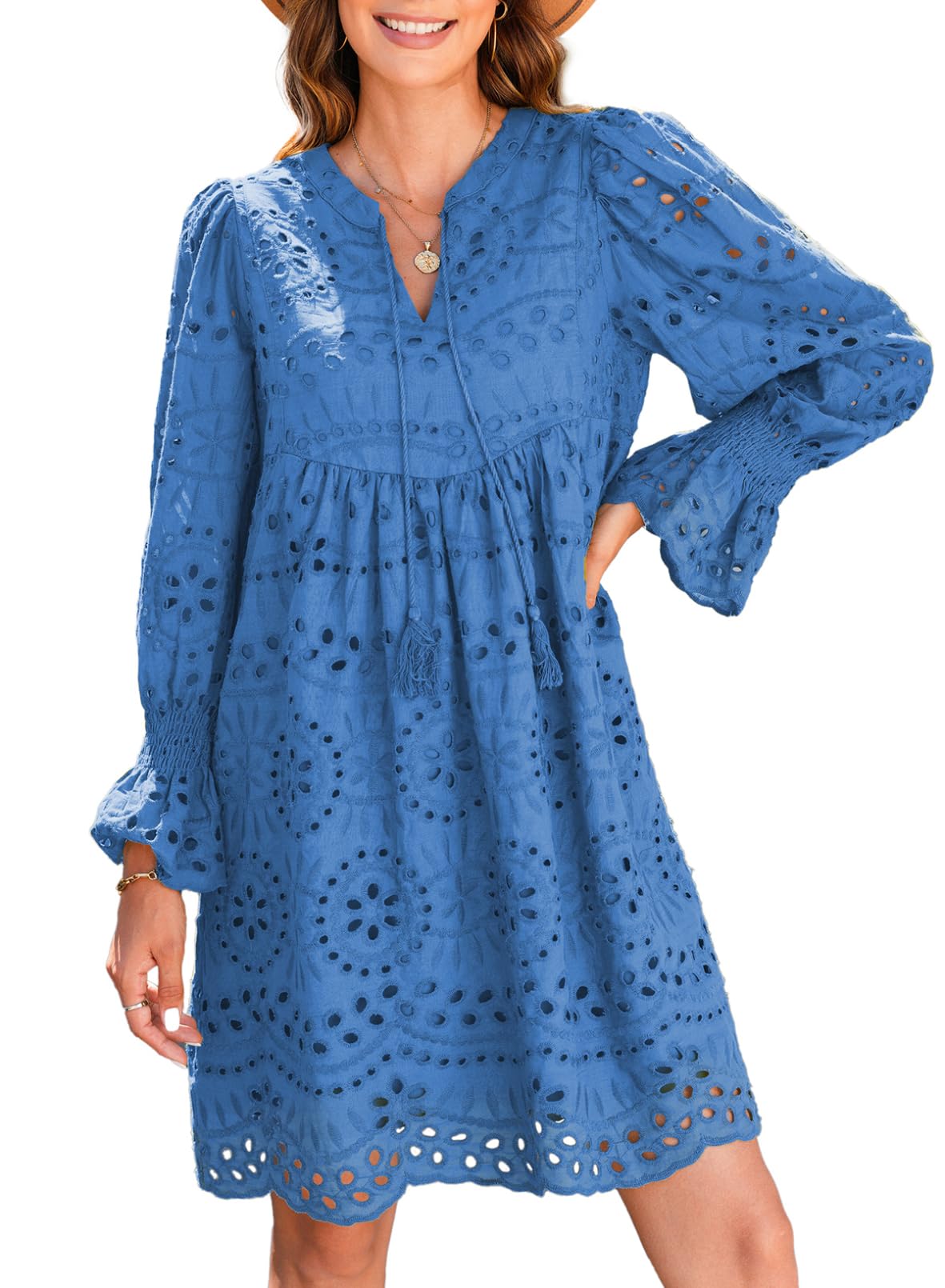 Womens V Neck Long Sleeve Hollow Out Lace Ruffle Dresses(Buy 2 Free Shipping)
