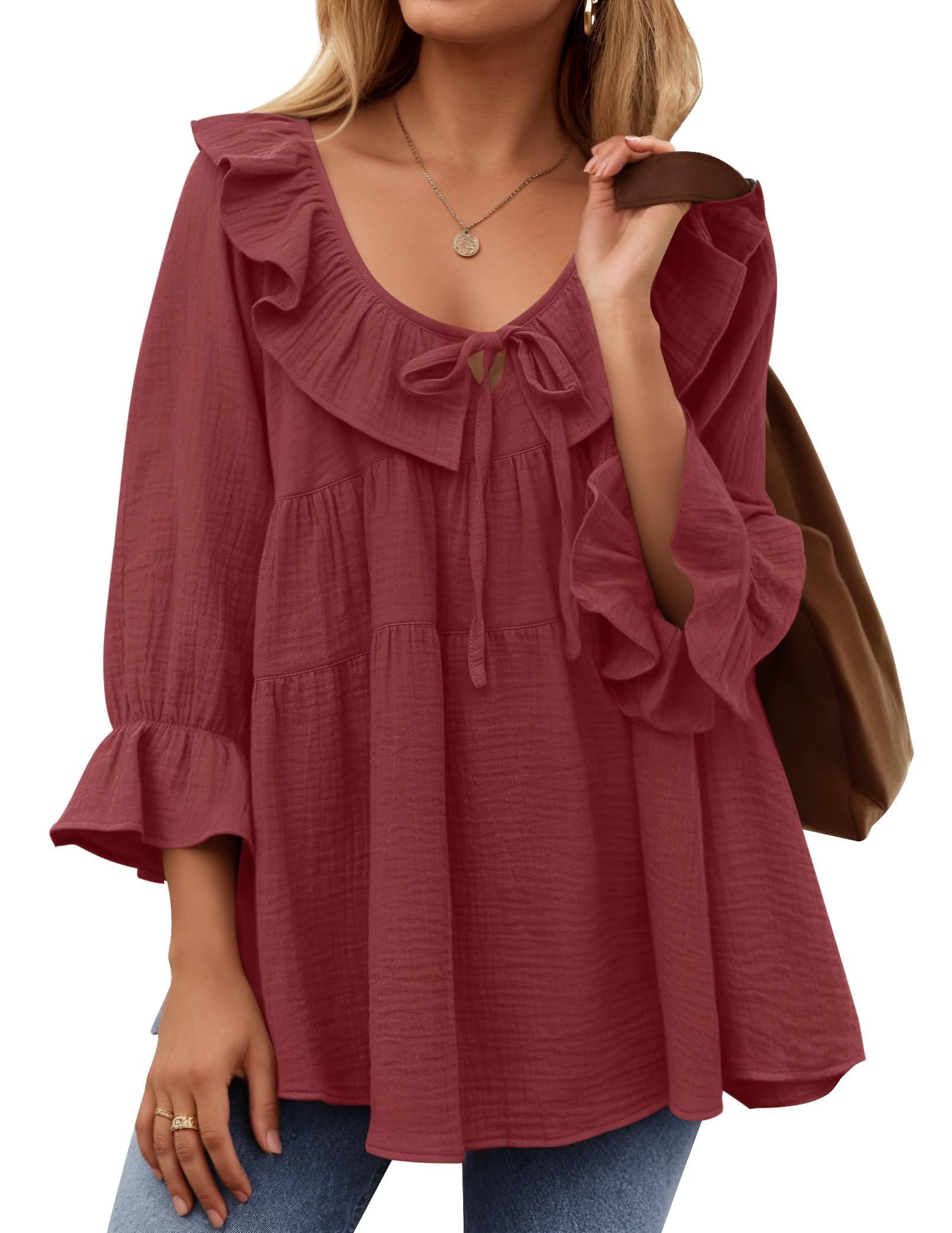 2025 New Women’s Scoop Neck 3/4 Length Sleeve Tie Front Ruffle Tiered Tunic Shirts(buy 2 free shipping!!!)
