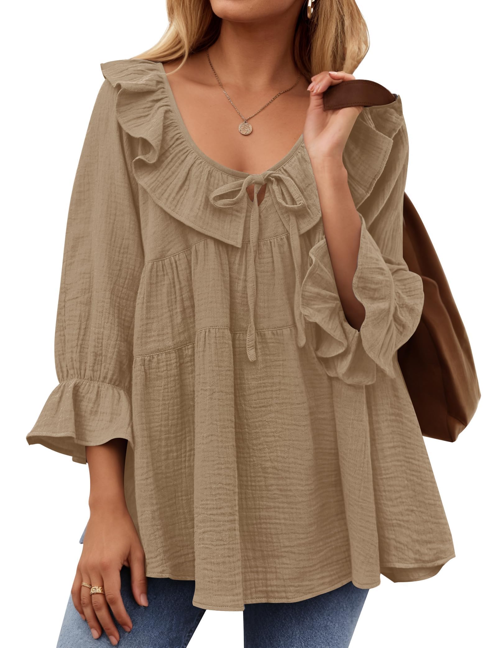 2025 New Women’s Scoop Neck 3/4 Length Sleeve Tie Front Ruffle Tiered Tunic Shirts(buy 2 free shipping!!!)