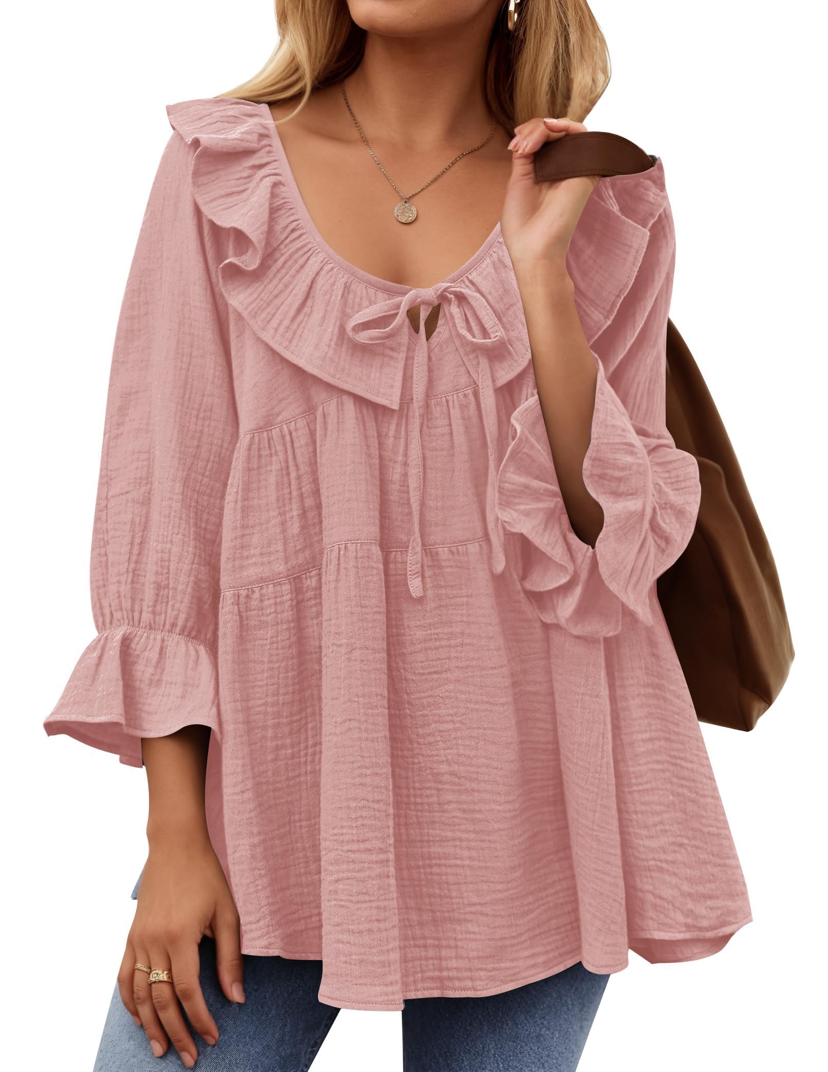 2025 New Women’s Scoop Neck 3/4 Length Sleeve Tie Front Ruffle Tiered Tunic Shirts(buy 2 free shipping!!!)