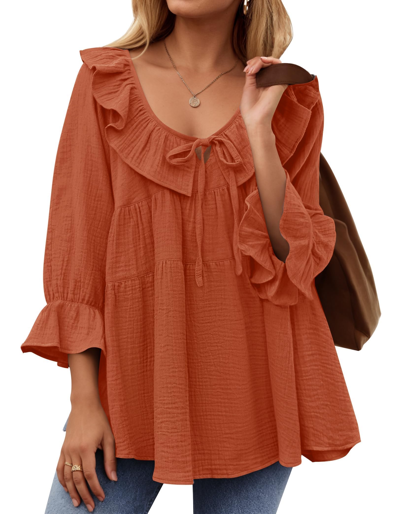 2025 New Women’s Scoop Neck 3/4 Length Sleeve Tie Front Ruffle Tiered Tunic Shirts(buy 2 free shipping!!!)