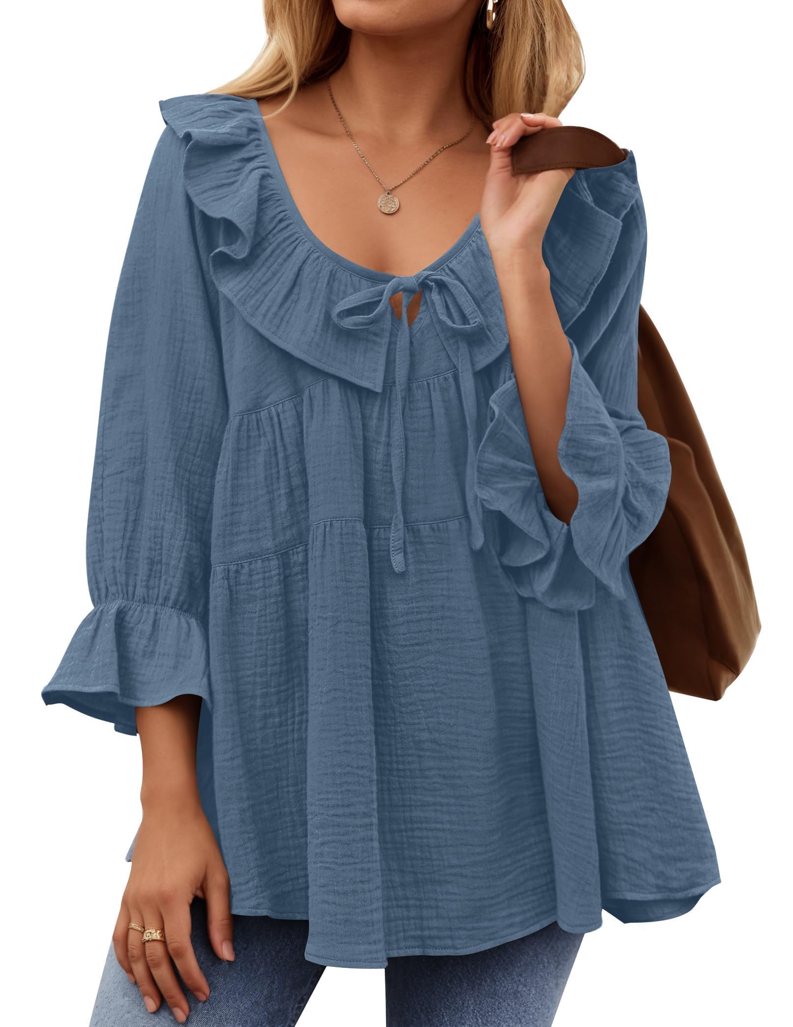 2025 New Women’s Scoop Neck 3/4 Length Sleeve Tie Front Ruffle Tiered Tunic Shirts(buy 2 free shipping!!!)