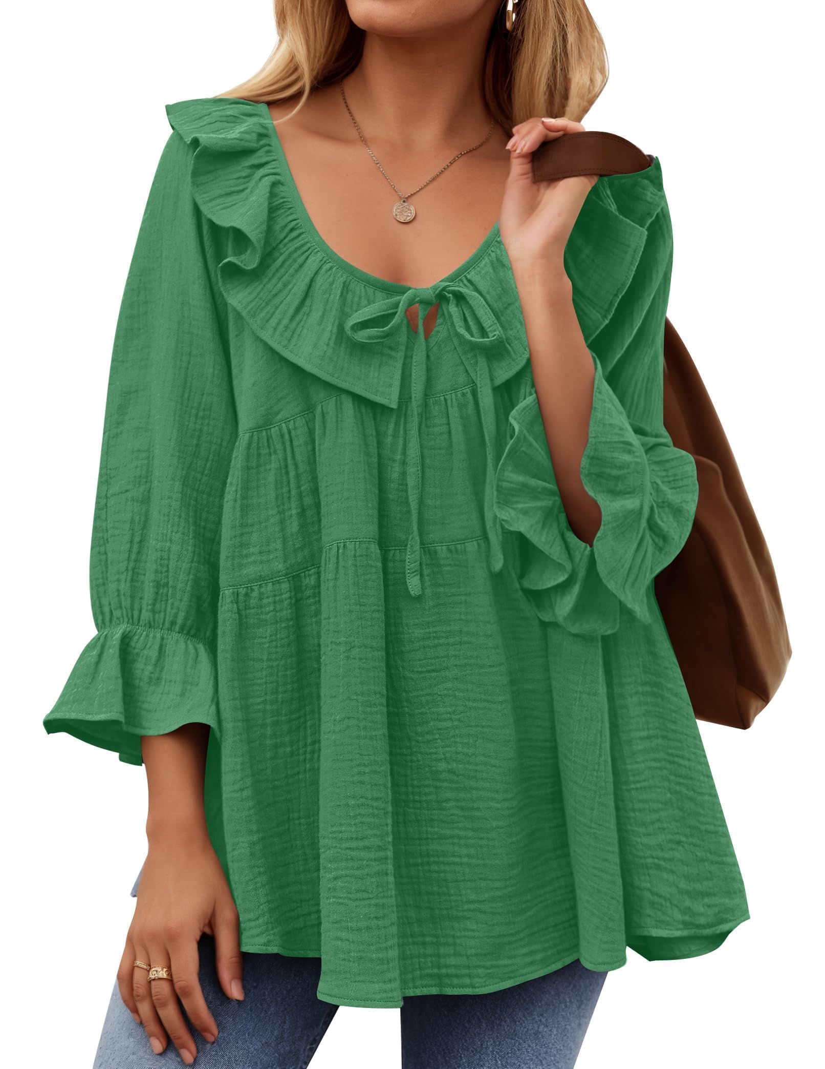 2025 New Women’s Scoop Neck 3/4 Length Sleeve Tie Front Ruffle Tiered Tunic Shirts(buy 2 free shipping!!!)