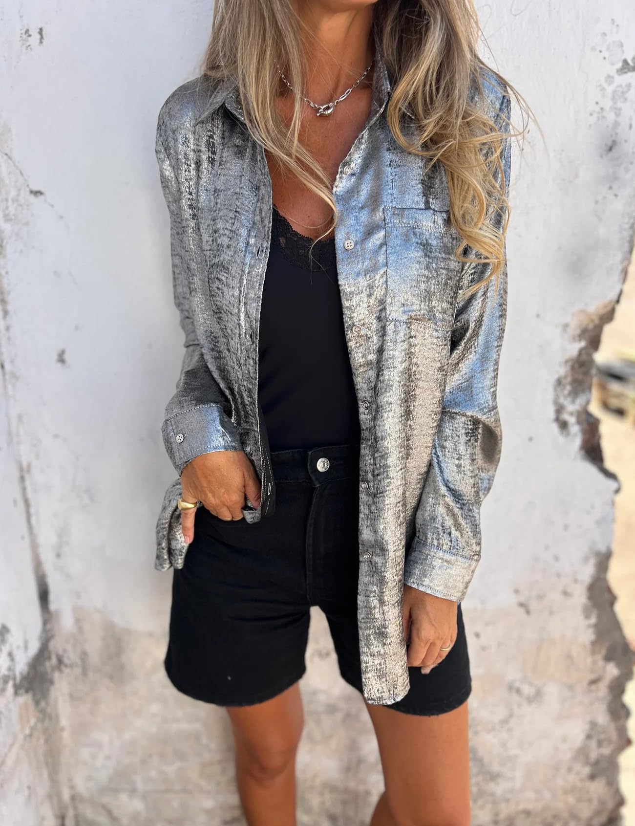 Metallic Button Down Shirts Long Sleeve Sparkly Blouse