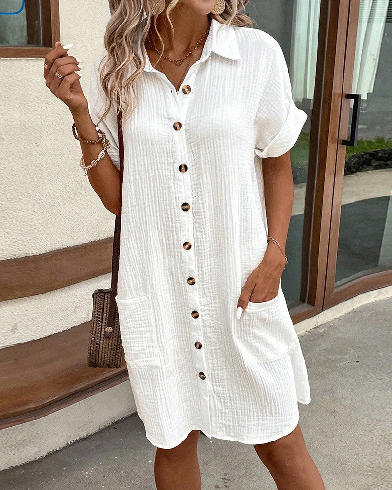 Solid Short Sleeve Pocket Button Shirt Dress