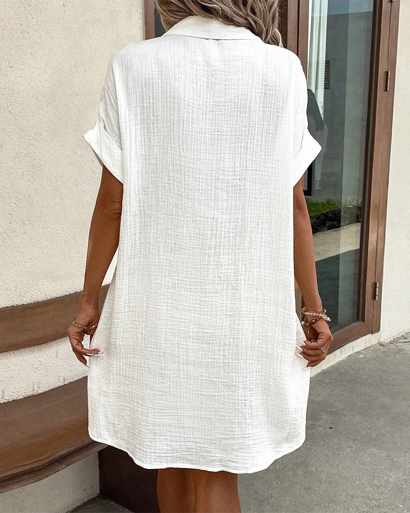 Solid Short Sleeve Pocket Button Shirt Dress