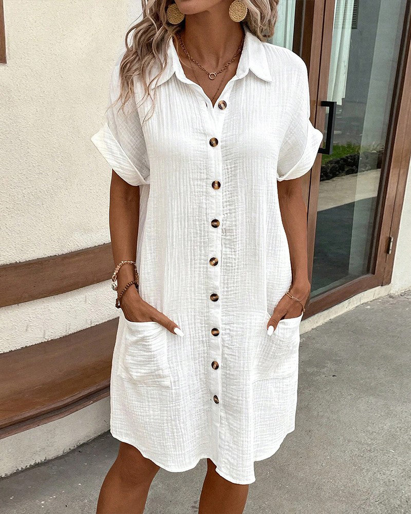 Solid Short Sleeve Pocket Button Shirt Dress