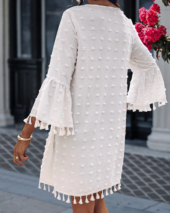 V-Neck Solid Color Flare Sleeve Fringe Dress