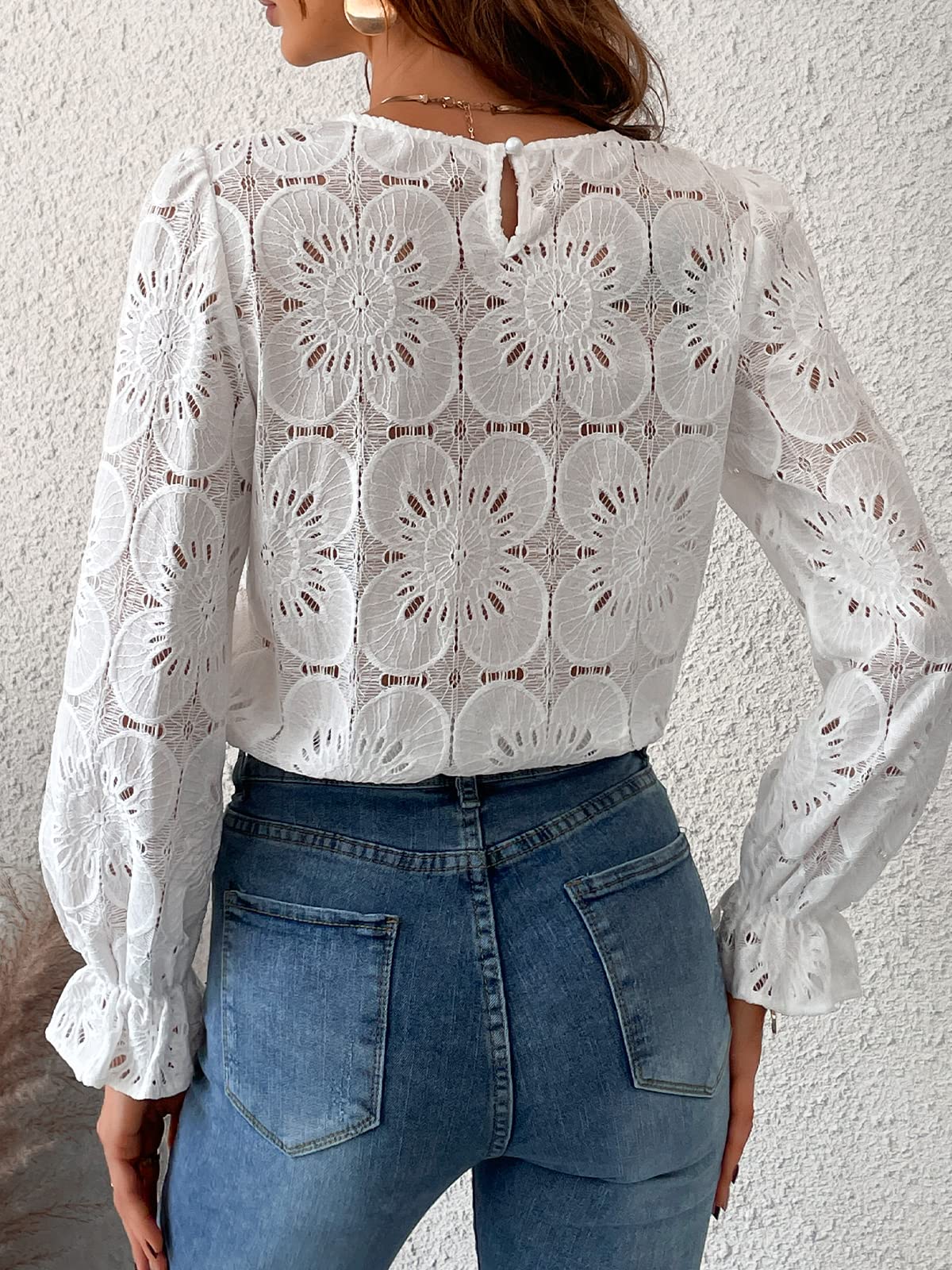 Women Eyelet Long Sleeve Tops Shirts 