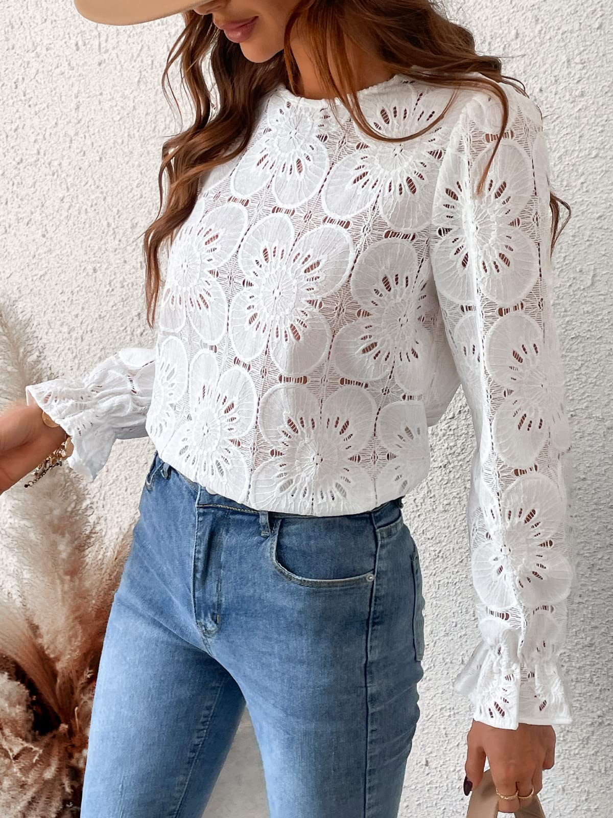 Women Eyelet Long Sleeve Tops Shirts 