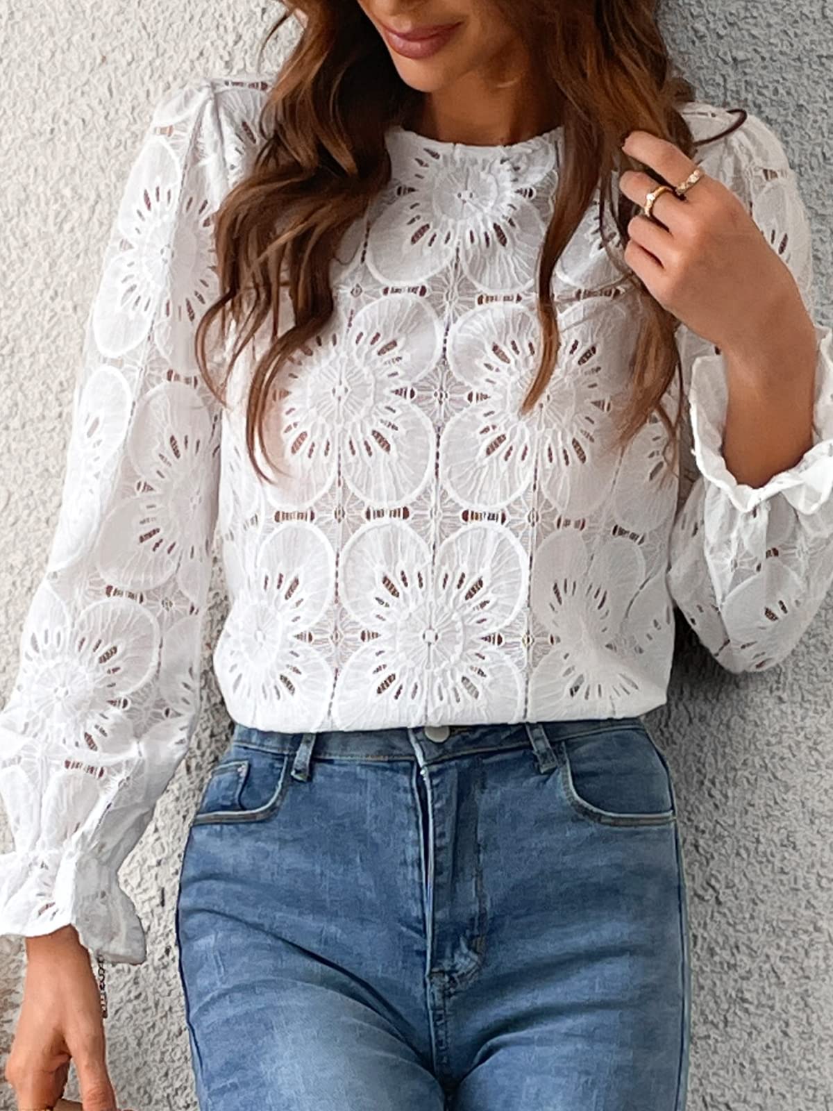 Women Eyelet Long Sleeve Tops Shirts 