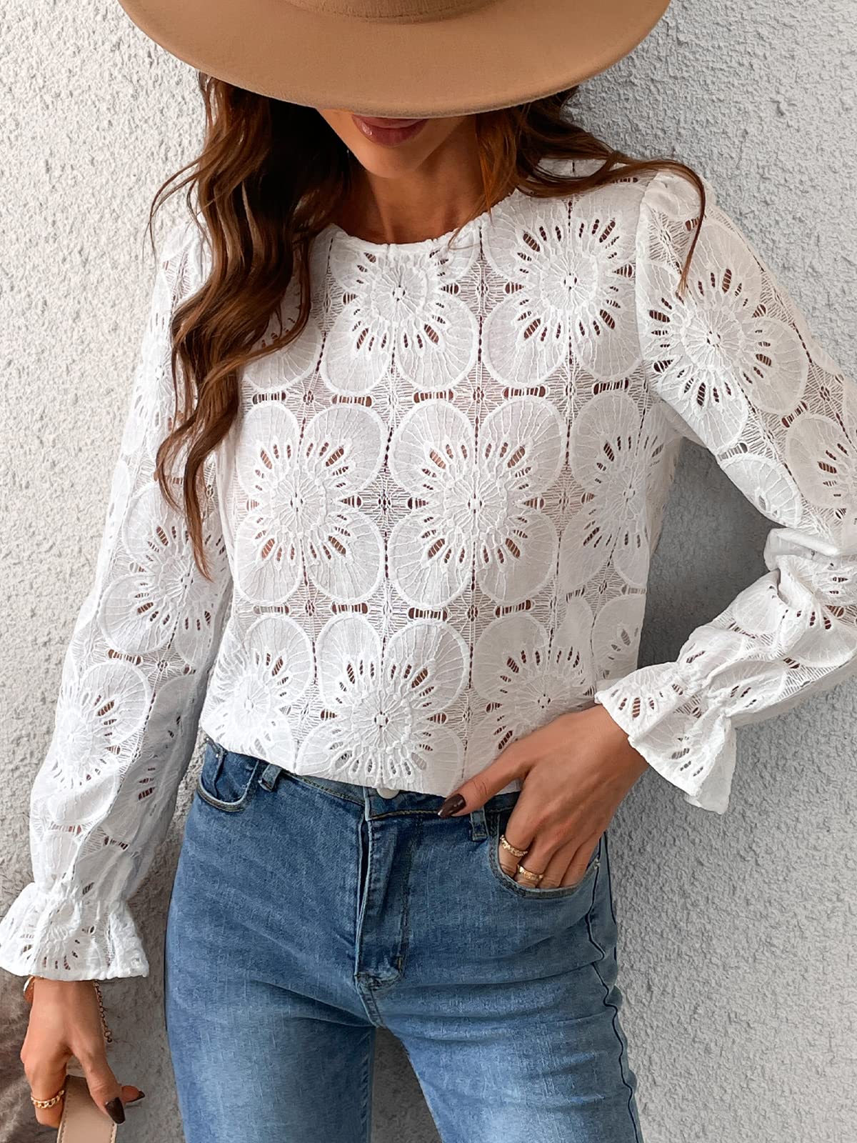 Women Eyelet Long Sleeve Tops Shirts 