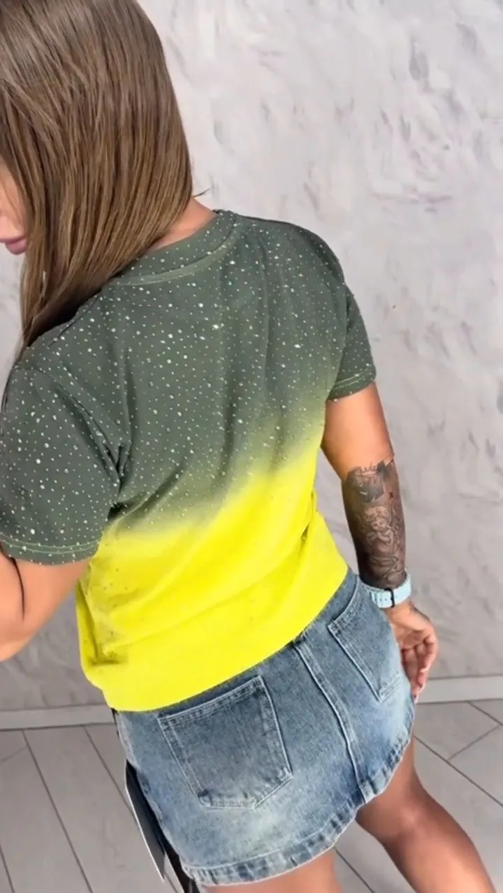 Women's Round Neck Rhinestone Gradient Casual Top